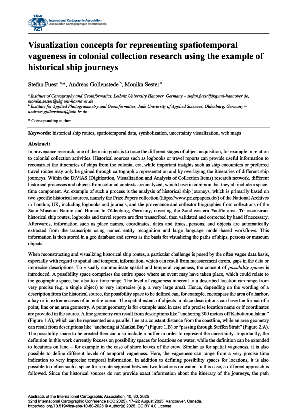 Fuest/Gollenstede/Sester: Visualization concepts for representing spatiotemporal vagueness in colonial collection research using the example of historical ship journeys, Abstracts of the ICA Vol. 10, 2025.